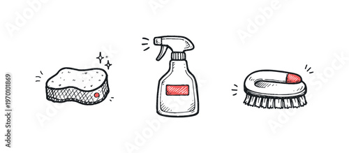 Simple home cleaning trio theme  a horizontal row of 3 related hand-drawn objects on a white background: a small sponge with a tiny pink dot detail