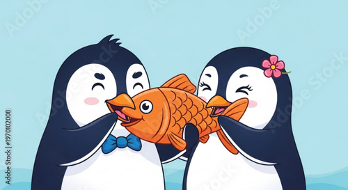 Cute cartoon penguins sharing a large orange fish together vector illustration for children
