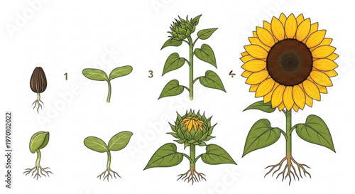 Botanical sunflower growth stages showing plant development from seed to flower vector illustration