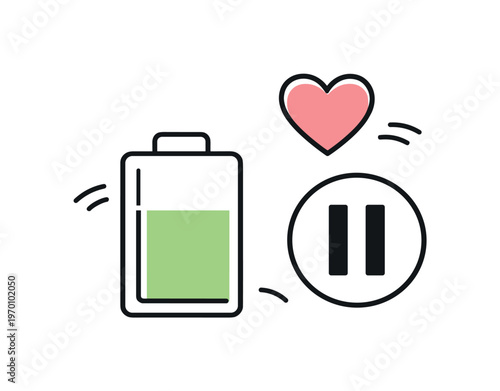Digital burnout prevention and energy management in high-demand work environments, a simple battery combined with a small heart and a pause symbol