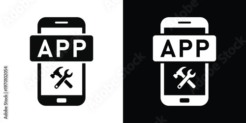 Smartphone icon with "APP" label and tools (hammer and wrench). Represents mobile application development, phone repair, software optimization, and technical maintenance.