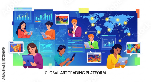 People using digital devices on global art trading platform network vector illustration