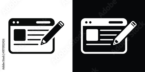 Vector illustration of a web browser window with a pencil, symbolizing website design, online content editing, blogging, and interface development in flat black and white styles.