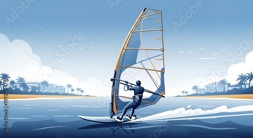 Professional windsurfer riding ocean waves near tropical beach resort with palm trees