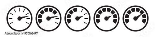 Circular gauge icons featuring segmented progress bars and needles for data visualization and status.