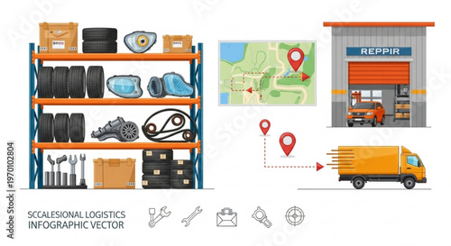Auto parts warehouse storage shelves and delivery logistics map with delivery van flat vector infographic for fleet management system
