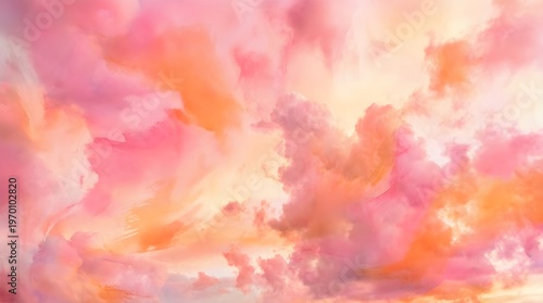 Expansive sky abstraction with billowing clouds in candy floss pink and tangerine orange