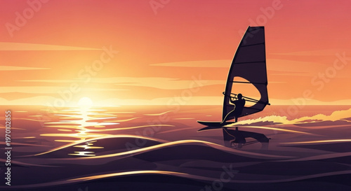 Windsurfer riding the waves on a surfboard with a sail during a golden sunset over the ocean flat vector illustration for water sports