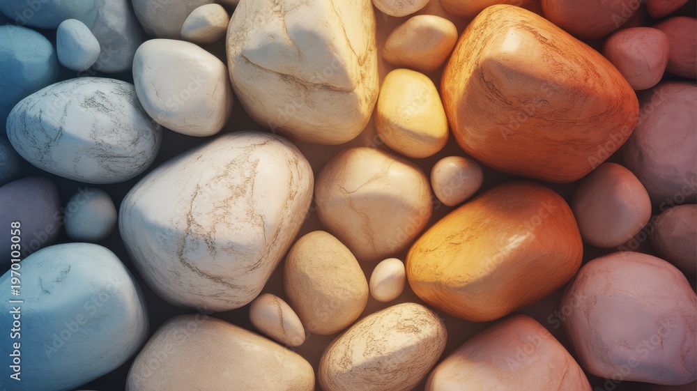 Obraz premium Smooth Natural Pebbles Background Soft Stone Texture with Warm and Cool Tones Polished Rock Surface Abstract Pattern for Spa Zen Wellness Minimal Design and Organic Nature Concept
