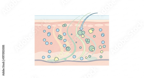 Medical illustration of skin layers showing active ingredient absorption process with microscopic particles penetrating epidermis and dermis for beauty