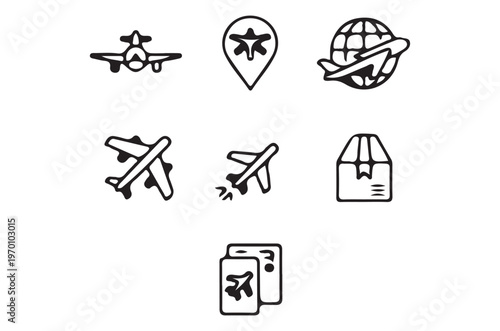 Collection of black and white travel and transportation icons