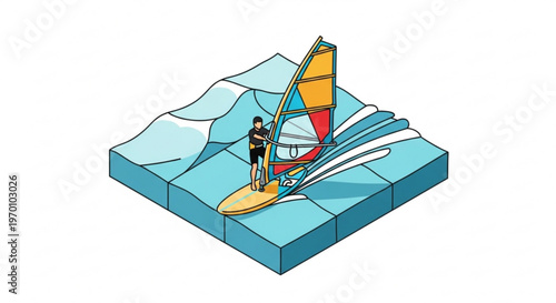 Isometric illustration of a windsurfer riding a wave on a blue water block design concept for extreme sports and outdoor recreation activities