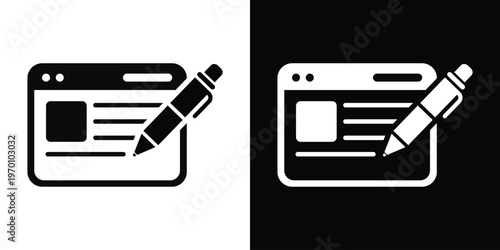 Vector illustration of a web browser window with a pencil, symbolizing website design, online content editing, blogging, and interface development in flat black and white styles.