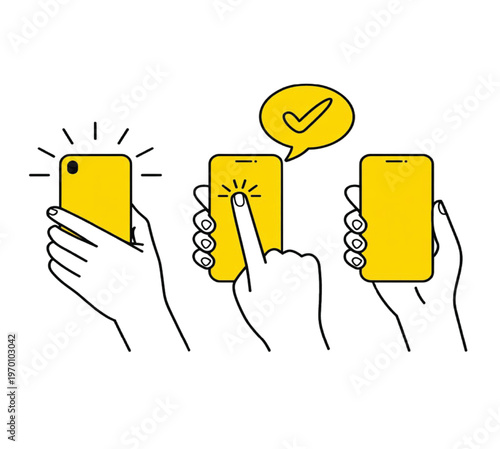 Hands using yellow smartphones touchscreen interaction vector illustration EPS PNG file