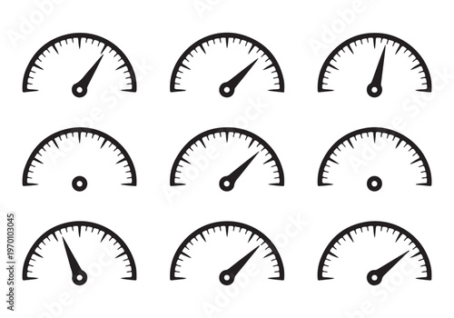 Collection of nine black and white vector gauge icons with different needle settings on white background.