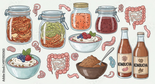 Probiotic gut health collection with kombucha fermented tea yogurt and kimchi in jars flat vector illustration for nutrition and wellness education