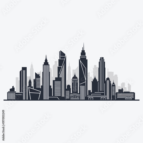 A sleek and modern city skyline with tall buildings and skyscrapers