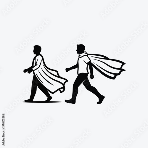 Two men in capes walking forward in silhouette against white background