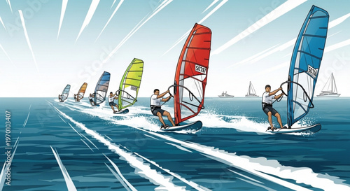 Professional windsurfers racing across blue ocean waves during sunny day vector illustration for extreme water sports and sailing competition