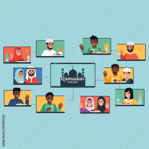 Diverse people connecting virtually for Ramadan Kareem celebration with mosque illustration