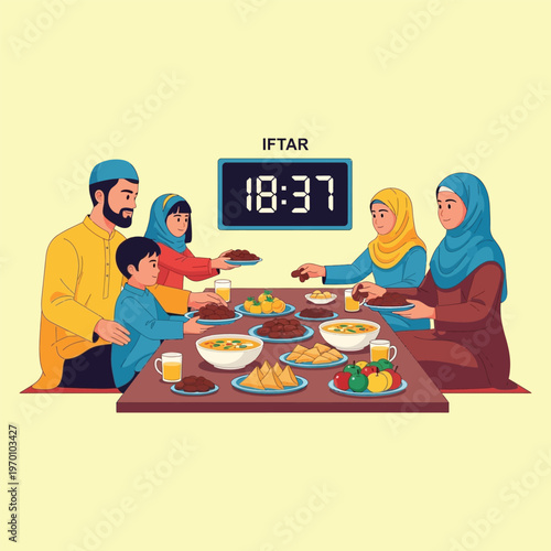 Ramadan Muslim family breaking fast together at sunset with traditional food and lanterns