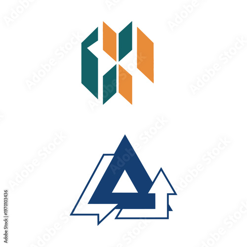 Geometric abstract logos with arrows and shapes in blue and orange on white
