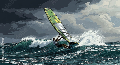 Extreme windsurfer riding massive ocean wave during stormy weather vector illustration for adrenaline sports and nautical adventure concept