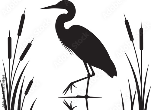 A black silhouette of a heron standing in water with cattails on either side