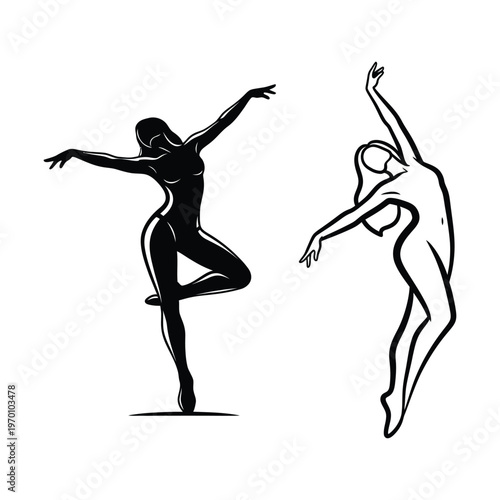 Two elegant dancers in graceful poses, one silhouette and one outline, isolated on background