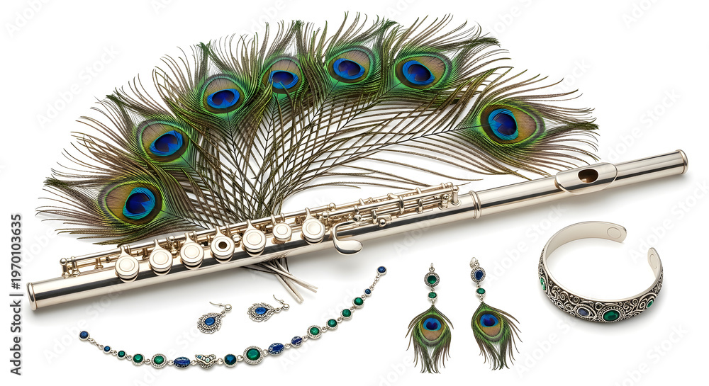 Obraz premium Peacock feather adorns silver flute with matching jewelry on display