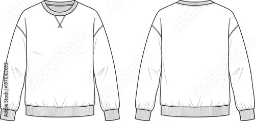 Men oversized crewneck sweatshirt front and back view vector illustration, long sleeve pullover apparel mockup template casual clothing design