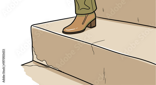 Man's foot in brown shoe stepping onto stone stairs  