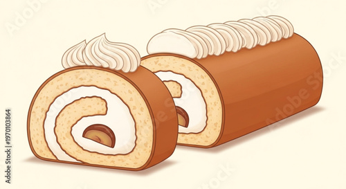 Delicious swiss roll cake with cream filling and chestnut slice isolated on cream background in clean vector illustration culinary style