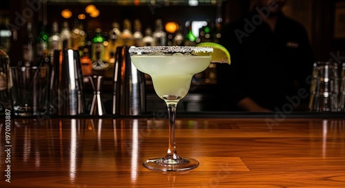 A bartender prepares a refreshing margarita cocktail on a wooden bar. The drink is served in a stemmed glass with a lime wedge garnish.