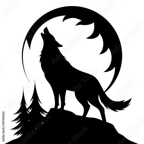 A howling wolf under the crescent moon in a forest Vector