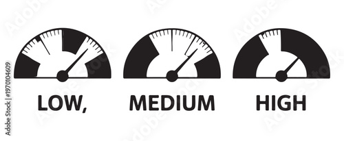 Risk level gauges showing low medium and high risk in black and white design safety assessment indicators.