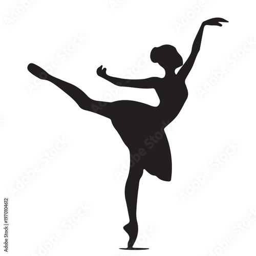 Artistic vector illustration of a black silhouette of a graceful woman ballerina in a jumping dance pose showing a fit body and athletic action
