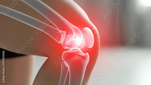 Close up of human knee joint with intense red glowing pain