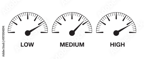 Three semi circular speedometers indicating low medium and high levels on a white background.