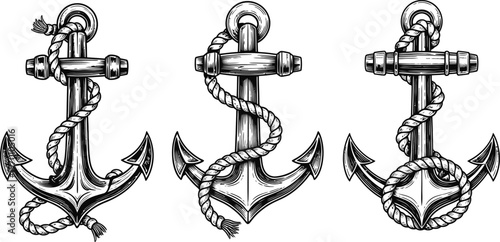 Anchor set nautical maritime symbol vintage style with rope hand drawn illustration.