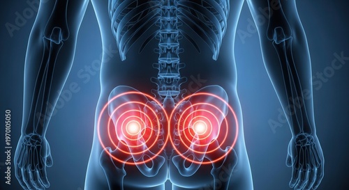 3D rendering of a human body with highlighted pain in the lower back and hip area, indicating discomfort or injury.
