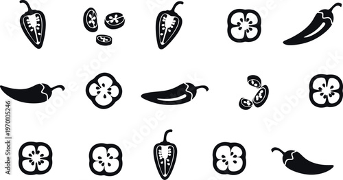 Collection of black chili peppers and sliced chili peppers isolated on transparent background.