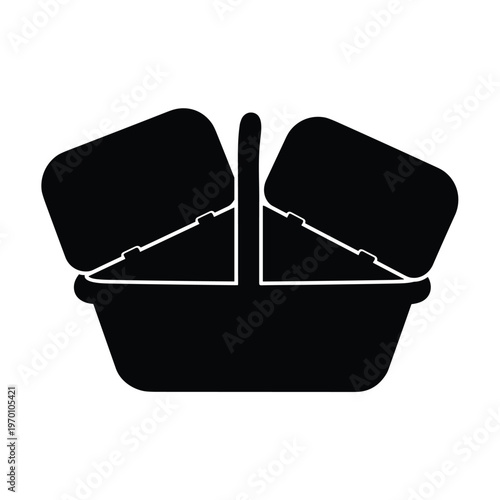 Picnic basket silhouette, open lids, outdoor meal icon, vector graphic