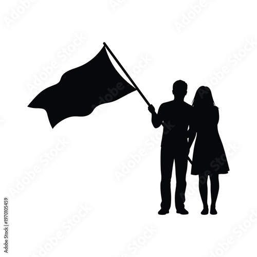 Silhouette of a man and woman holding a flag, looking forward