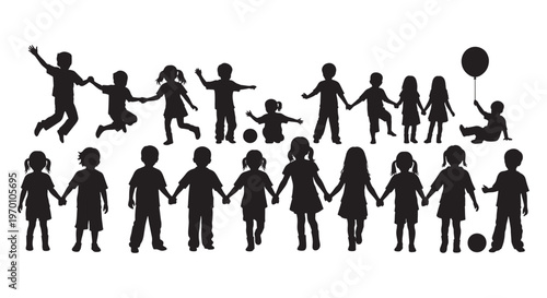 Children Silhouette Set - Kids Holding Hands and Playing Vector Collection