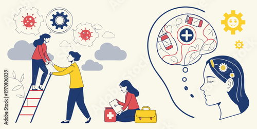 Mental health and psychology concept set. Different mental health problems, psychological disorders, treatment techniques and approaches. vector icons