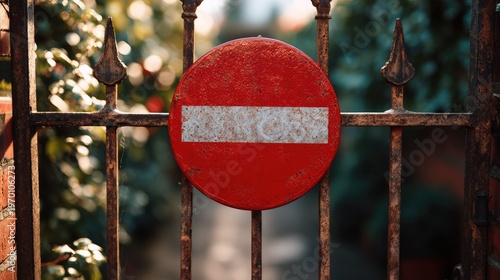  no entry sign on gate, restriction symbol, outdoor natural light