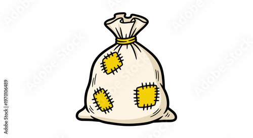 Illustration of a burlap sack with patches and tied top  