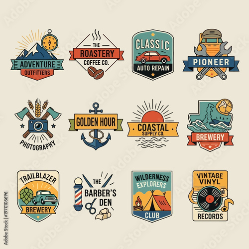 Collection of vintage outdoor and lifestyle badges and emblems.