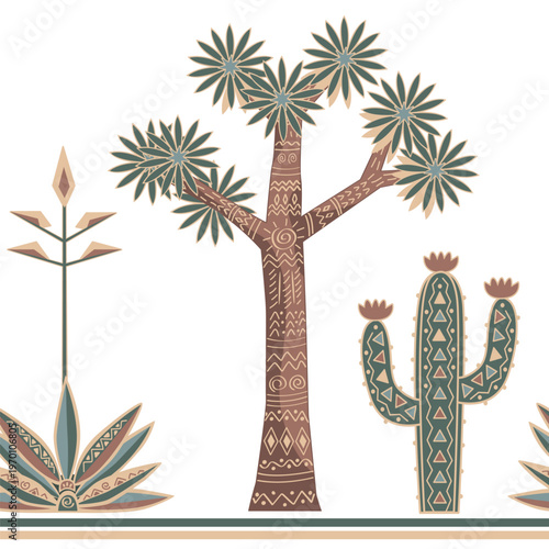 Stylized seamless pattern with blue agave, Joshua tree, and Saguaro cactus. Border drawing in tribal etno style. Vector isolated illustration
